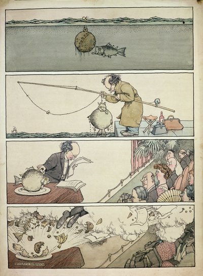 Der Fisch und die treibende Mine von William Heath Robinson